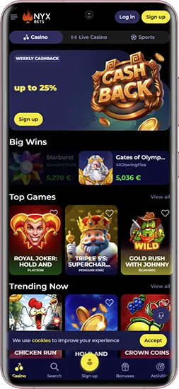 Bonussen en spellen in de Nyxbets Casino-app